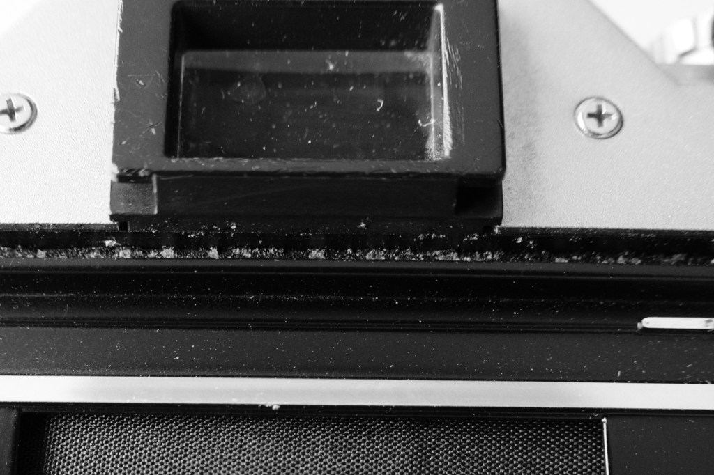 Hier im Detail: Die porösen Lichtdichtungen unterhalb vom Sucher.